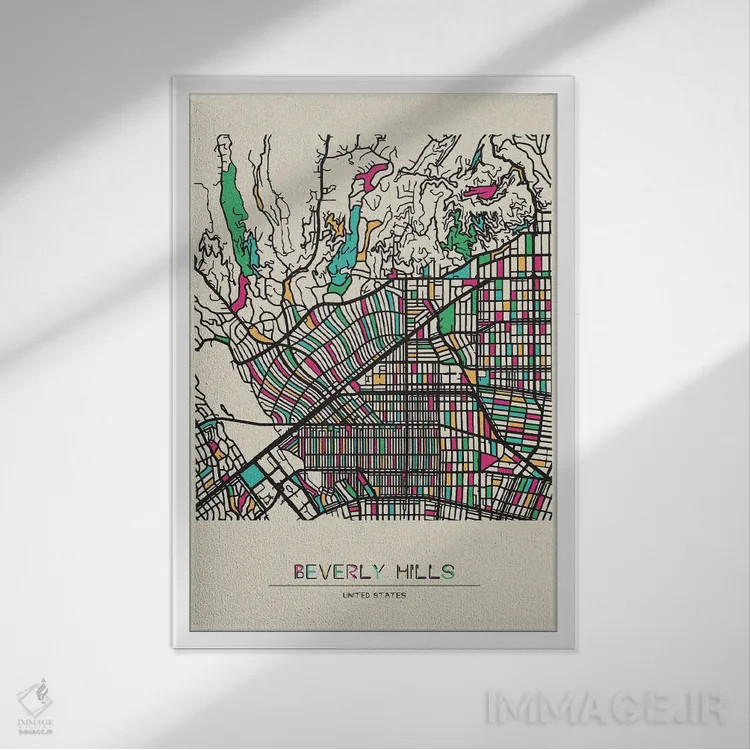 تابلو نقشه بورلی هیلز، کالیفرنیا اثر آیشه دنیز آکِرمان - نمای قابدار سفید