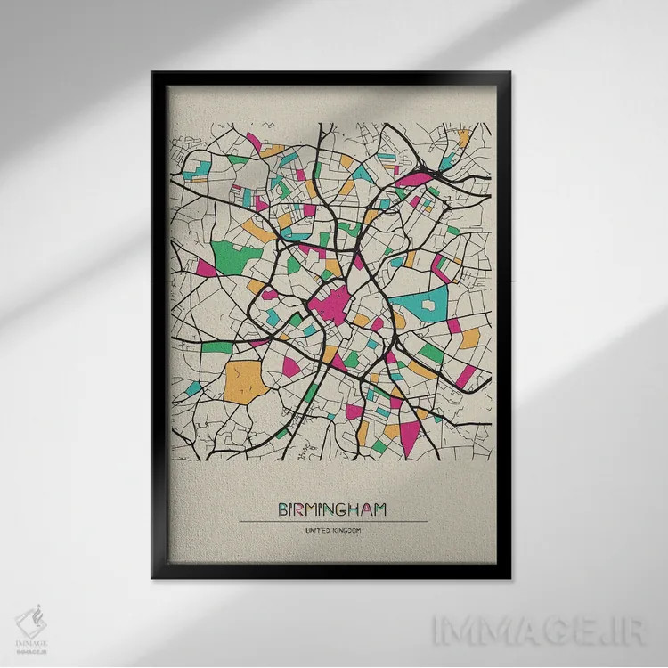 تابلو نقشه بیرمنگام، انگلستان اثر آیشه دنیز آکِرمان - نمای قابدار مشکی