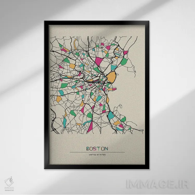 تابلو نقشه بوستون، ماساچوست اثر آیشه دنیز آکِرمان - نمای قابدار مشکی