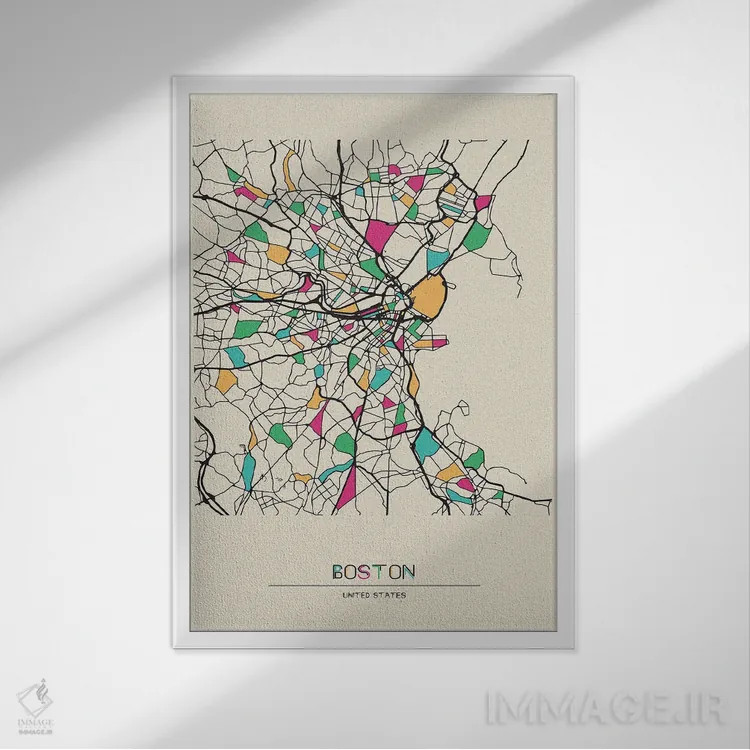 تابلو نقشه بوستون، ماساچوست اثر آیشه دنیز آکِرمان - نمای قابدار سفید
