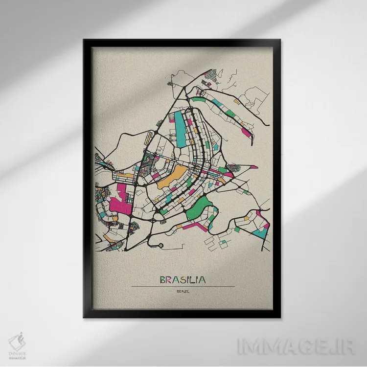 تابلو نقشه برازیلیا، برزیل اثر آیشه دنیز آکِرمان - نمای قابدار مشکی