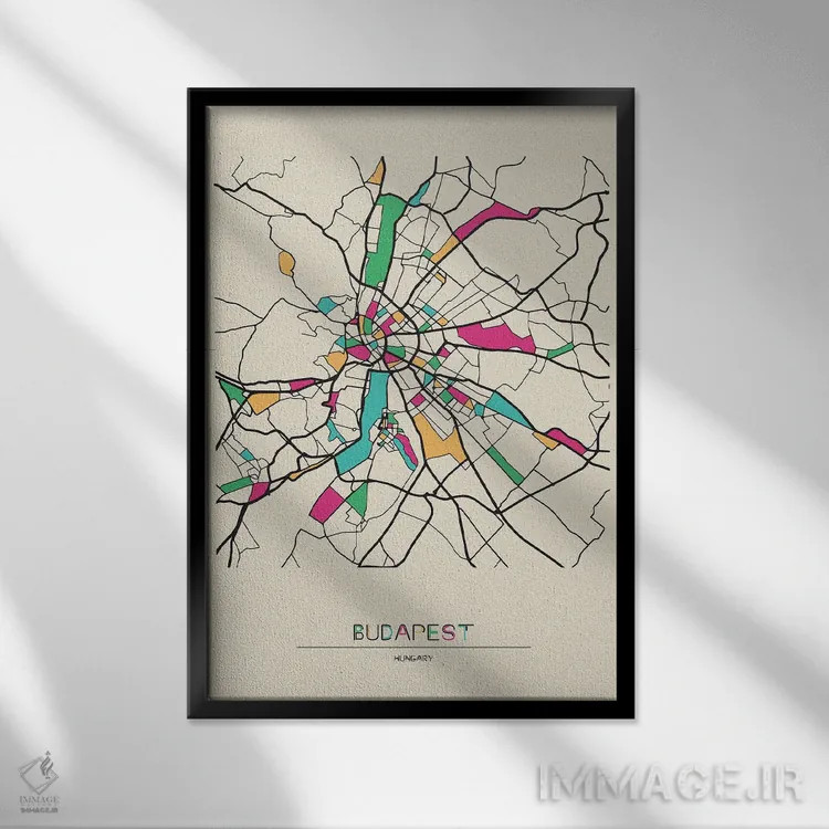 تابلو نقشه بوداپست، مجارستان اثر آیشه دنیز آکِرمان - نمای قابدار مشکی