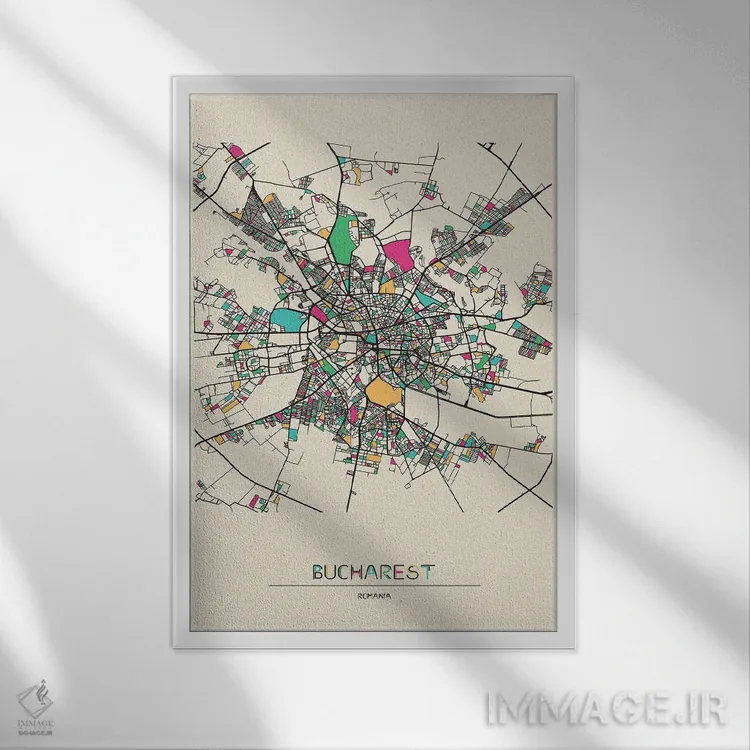 تابلو نقشه بخارست، رومانی اثر آیشه دنیز آکِرمان - نمای قابدار سفید