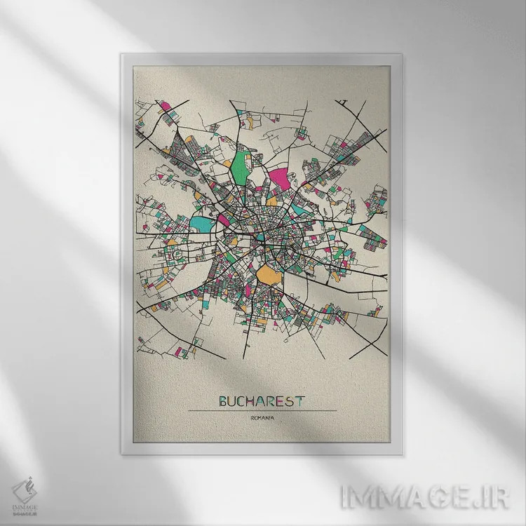 تابلو نقشه بخارست، رومانی اثر آیشه دنیز آکِرمان - نمای قابدار سفید