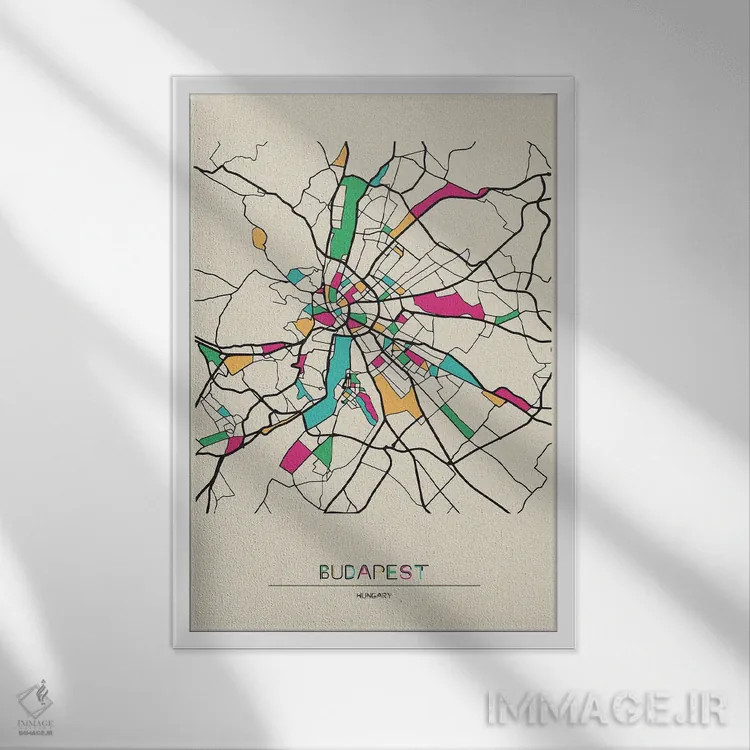 تابلو نقشه بوداپست، مجارستان اثر آیشه دنیز آکِرمان - نمای قابدار سفید