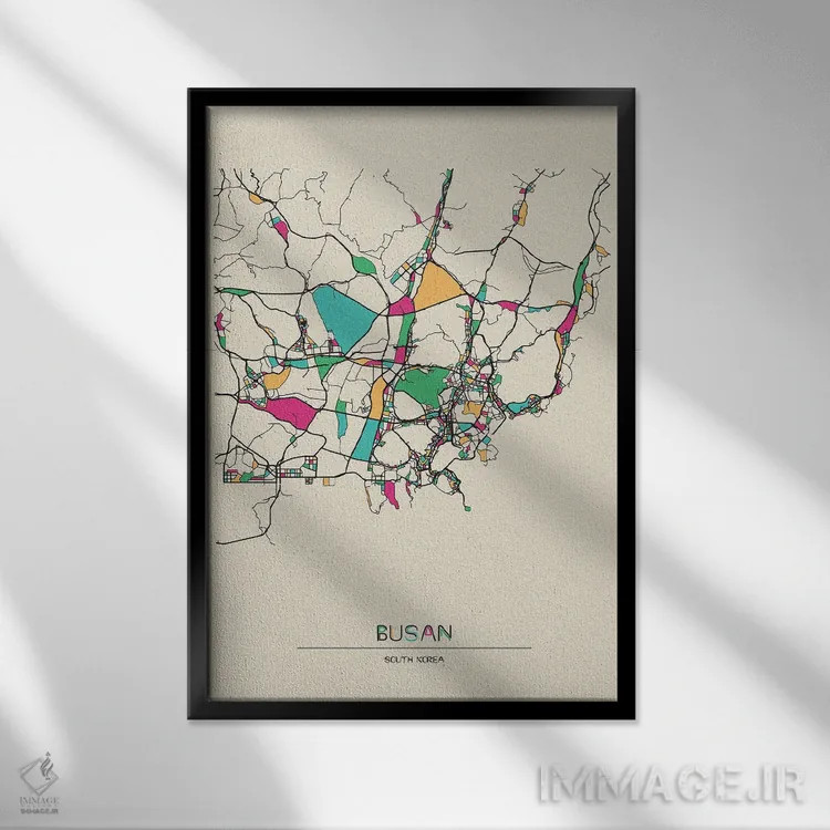 تابلو نقشه بوسان، کره جنوبی اثر آیشه دنیز آکِرمان - نمای قابدار مشکی
