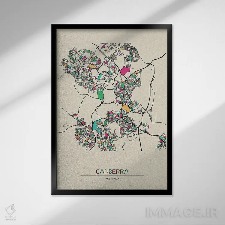 تابلو نقشه کانبرا، استرالیا اثر آیشه دنیز آکِرمان - نمای قابدار مشکی