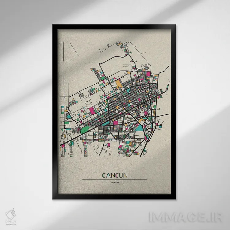 تابلو نقشه کانکون، مکزیک اثر آیشه دنیز آکِرمان - نمای قابدار مشکی