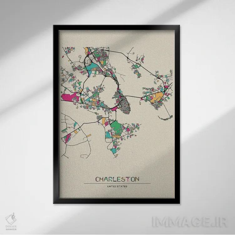 تابلو نقشه چارلستون، کارولینای جنوبی اثر آیشه دنیز آکِرمان - نمای قابدار مشکی