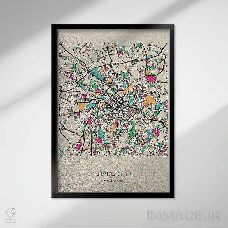 تابلو نقشه شارلوت، کارولینای شمالی اثر آیشه دنیز آکِرمان - نمای قابدار مشکی