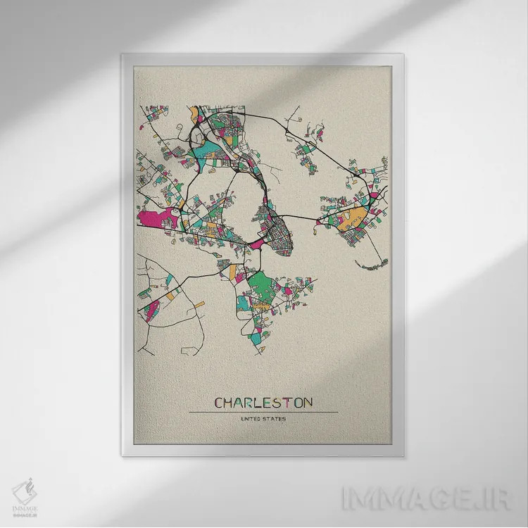 تابلو نقشه چارلستون، کارولینای جنوبی اثر آیشه دنیز آکِرمان - نمای قابدار سفید