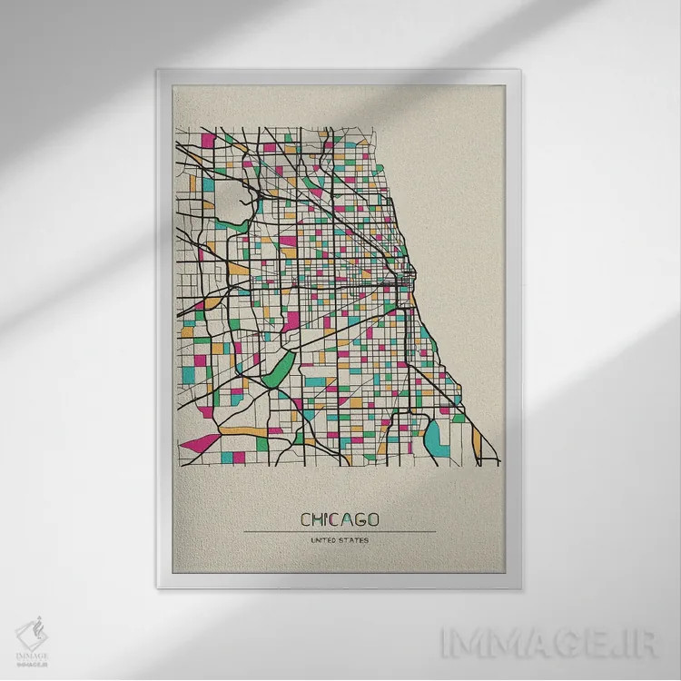 تابلو نقشه شیکاگو، ایلینوی اثر آیشه دنیز آکِرمان - نمای قابدار سفید