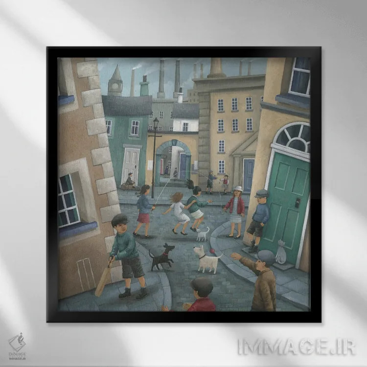 تابلو طناببازی کنار در سبز اثر پیتر آدرلی - نمای قابدار مشکی