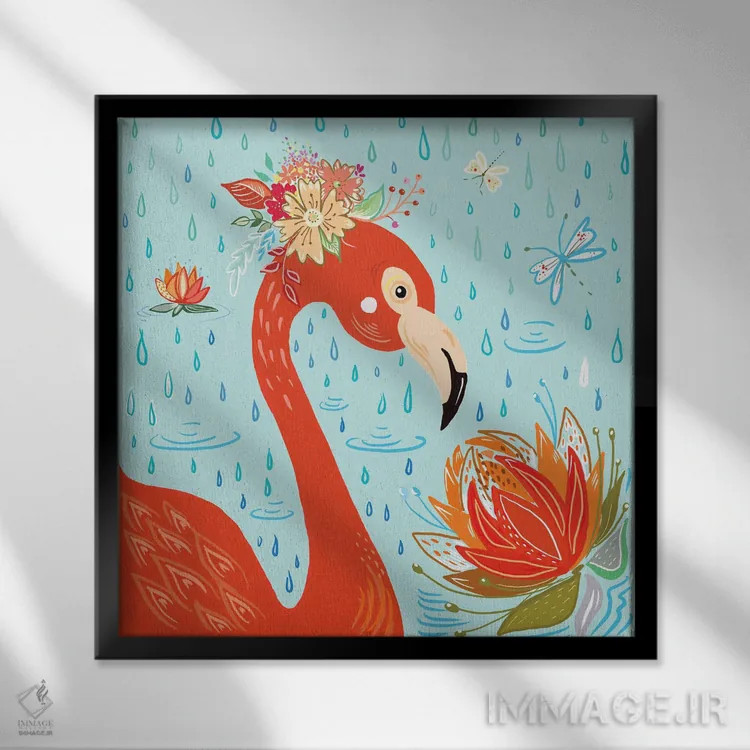 تابلو فلامینگو زیر باران اثر آنی دل سول - نمای قابدار مشکی