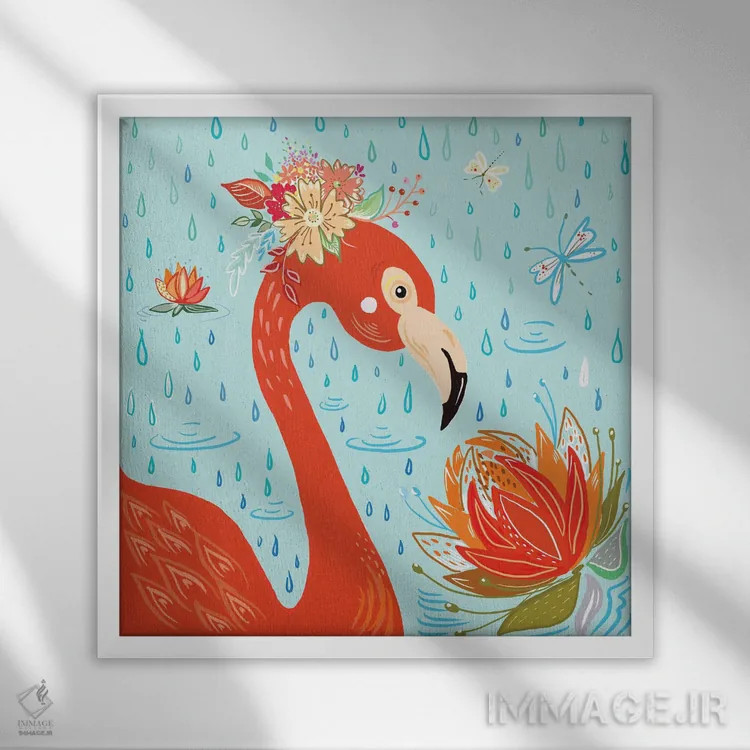تابلو فلامینگو زیر باران اثر آنی دل سول - نمای قابدار سفید