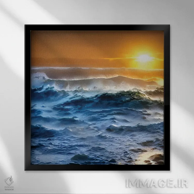 تابلو اقیانوس طوفانی زیر غروب آفتاب اثر آلساندرو دلا توره - نمای قابدار مشکی