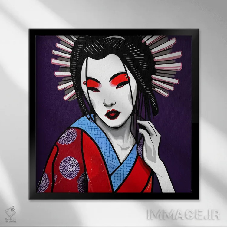 تابلو طرح کمیک از پرترهٔ گیشا اثر آلساندرو دلا توره - نمای قابدار مشکی