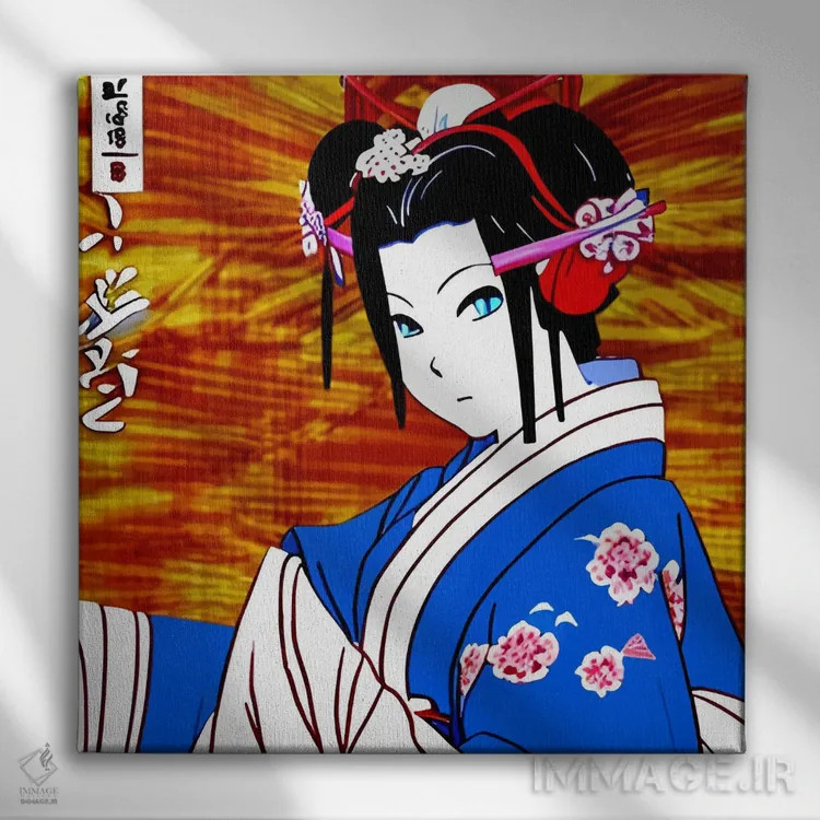 تابلو گیشا در لباس آبی (تصویر کمیک) اثر آلساندرو دلا توره - نمای روبهرو روی دیوار