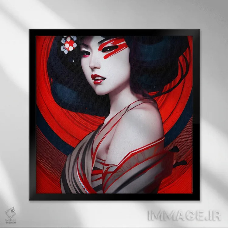 تابلو گیشا در سبک سایبرپانک ۳ اثر آلساندرو دلا توره - نمای قابدار مشکی