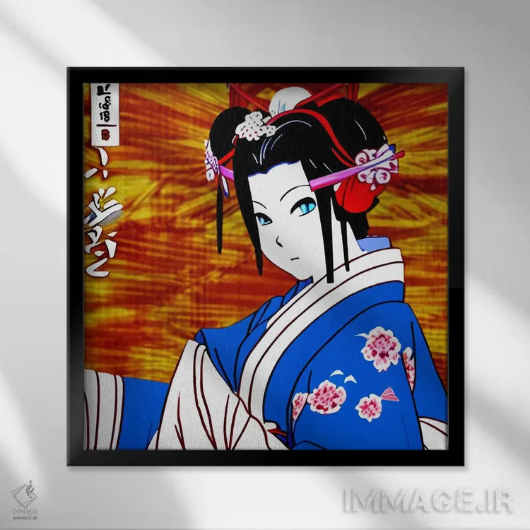 تابلو گیشا در لباس آبی (تصویر کمیک) اثر آلساندرو دلا توره - نمای قابدار مشکی