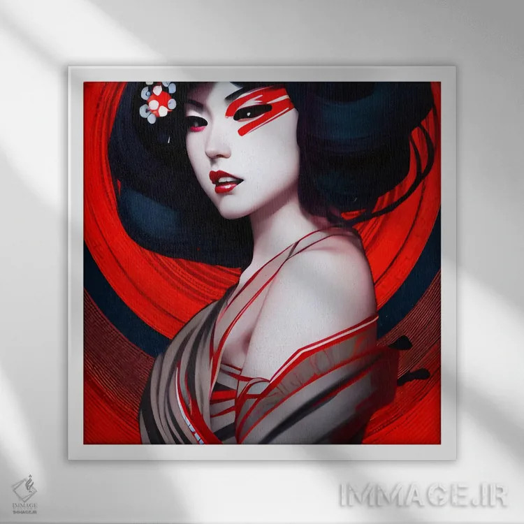تابلو گیشا در سبک سایبرپانک ۳ اثر آلساندرو دلا توره - نمای قابدار سفید