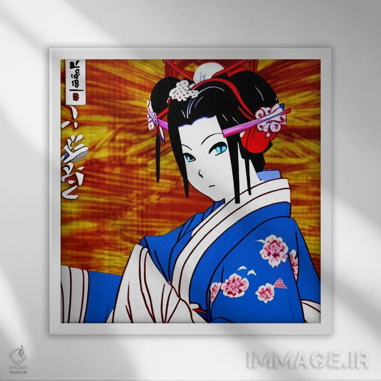 تابلو گیشا در لباس آبی (تصویر کمیک) اثر آلساندرو دلا توره - نمای قابدار سفید
