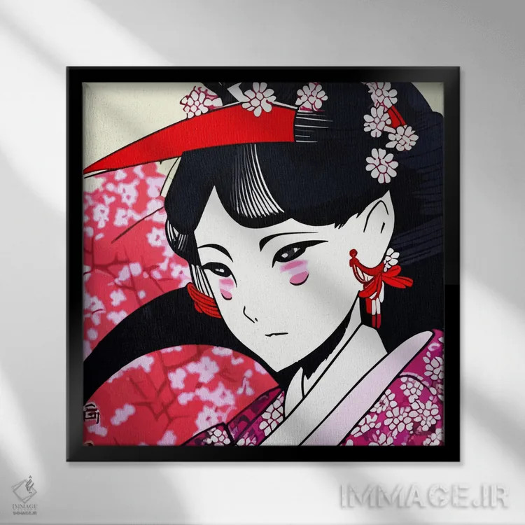 تابلو پرترهٔ کمیک گیشا اثر آلساندرو دلا توره - نمای قابدار مشکی