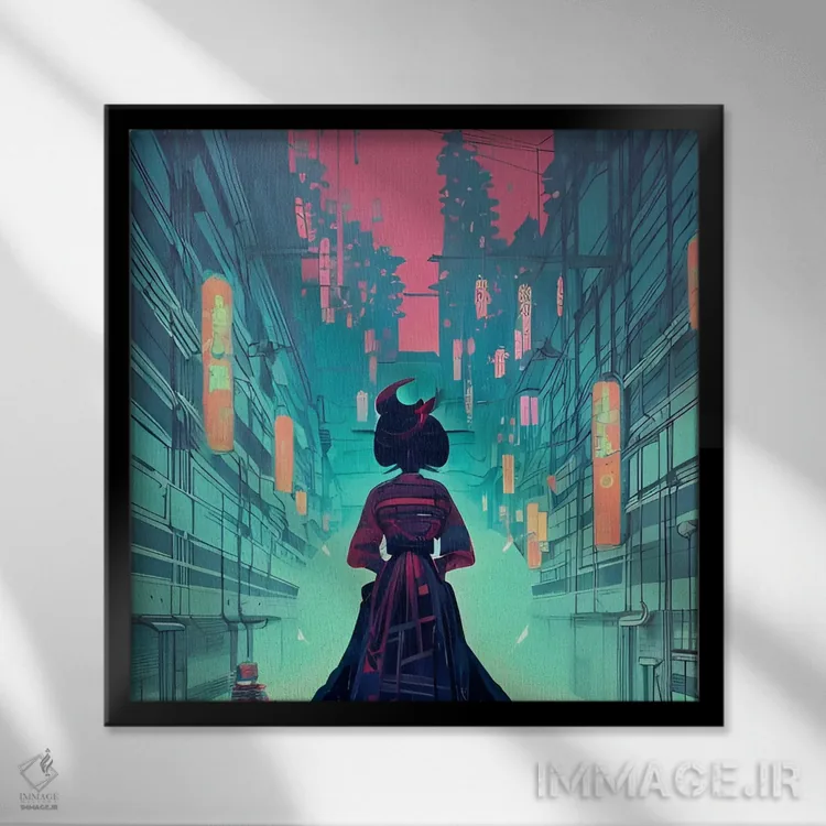 تابلو گیشا در شهر سایبرپانک اثر آلساندرو دلا توره - نمای قابدار مشکی