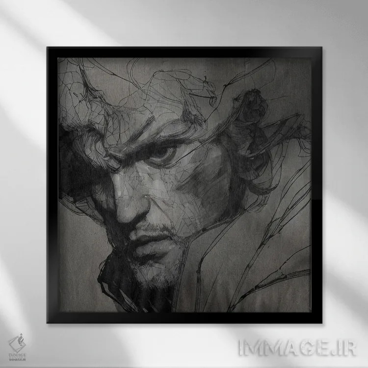 تابلو طراحی با مداد از چهره یک مرد اثر آلساندرو دلا توره - نمای قابدار مشکی