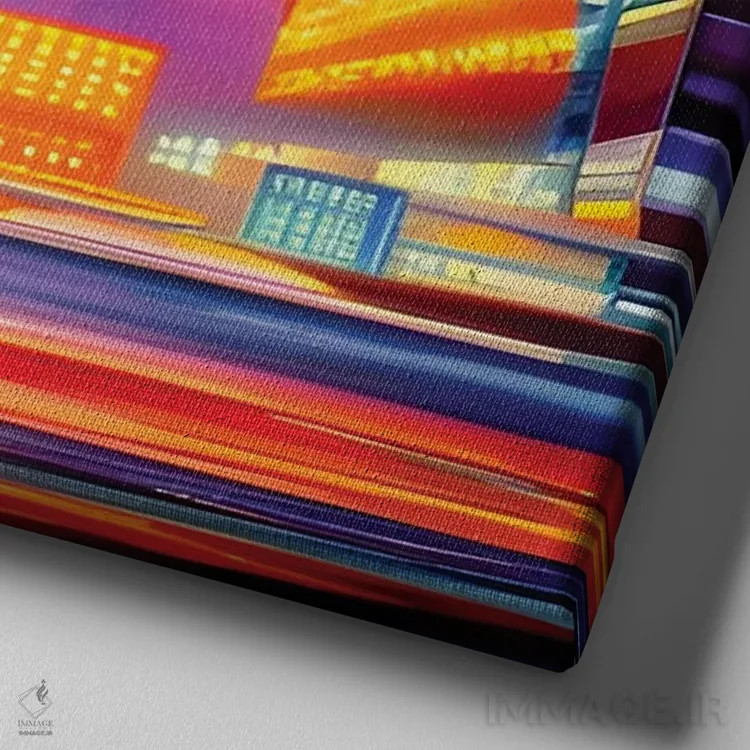 تابلو شهر سایبرپانک رنگارنگ اثر آلساندرو دلا توره - نمای نزدیک بافت بوم