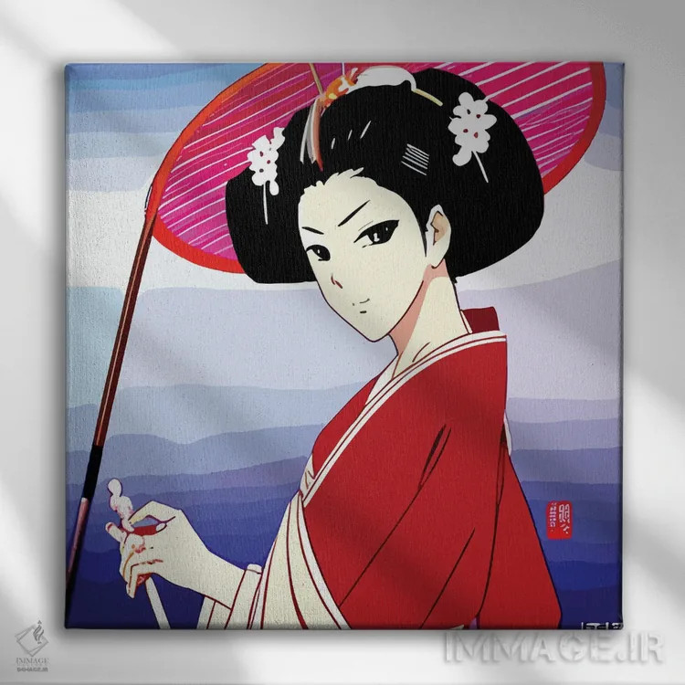 تابلو کمیک گیشا با چتر اثر آلساندرو دلا توره - نمای روبهرو روی دیوار