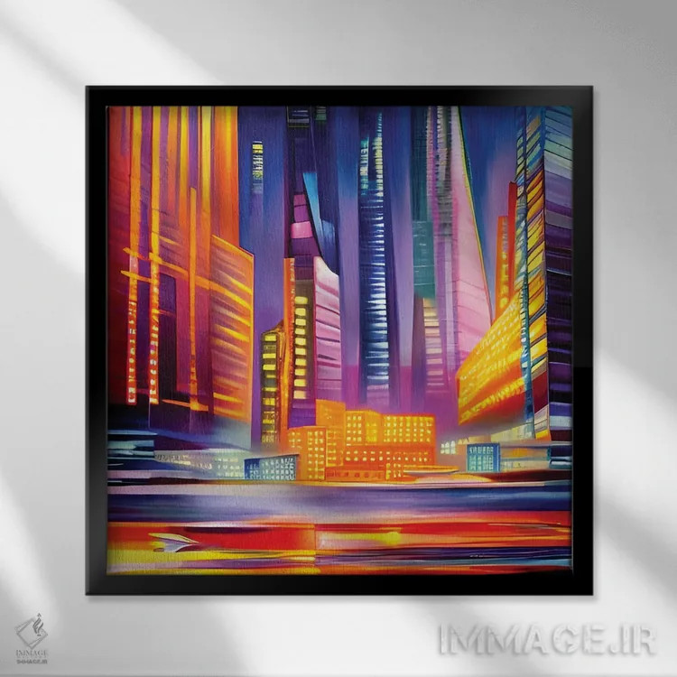 تابلو شهر سایبرپانک رنگارنگ اثر آلساندرو دلا توره - نمای قابدار مشکی