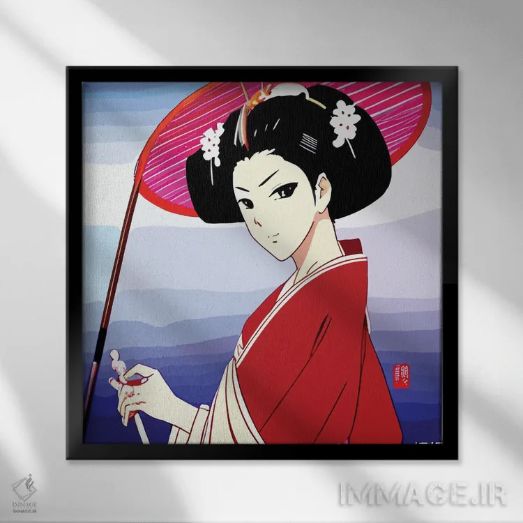 تابلو کمیک گیشا با چتر اثر آلساندرو دلا توره - نمای قابدار مشکی