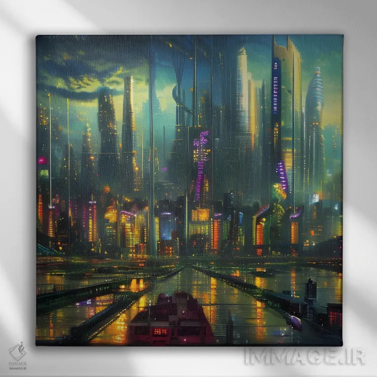 تابلو شهر تاریک سایبرپانک اثر آلساندرو دلا توره - نمای روبهرو روی دیوار
