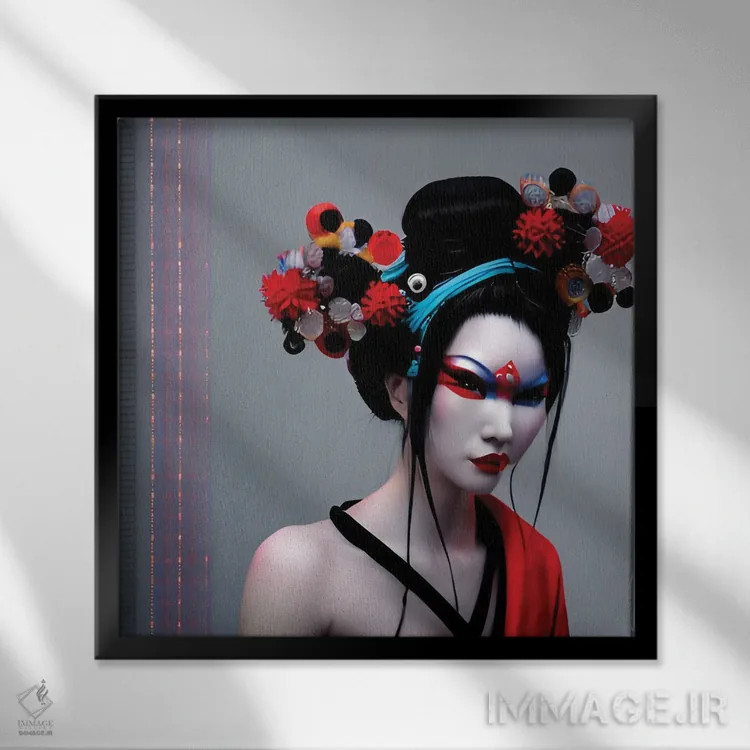 تابلو گیشا در سبک سایبرپانک ۲ اثر آلساندرو دلا توره - نمای قابدار مشکی