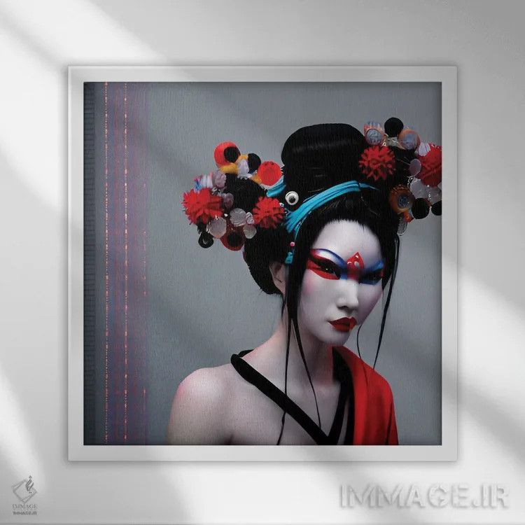 تابلو گیشا در سبک سایبرپانک ۲ اثر آلساندرو دلا توره - نمای قابدار سفید