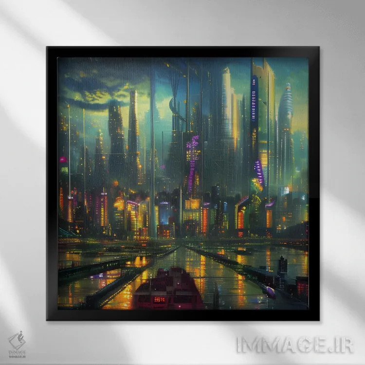 تابلو شهر تاریک سایبرپانک اثر آلساندرو دلا توره - نمای قابدار مشکی