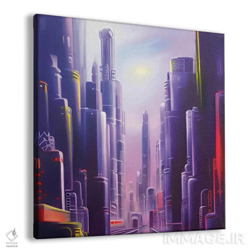 تابلو شهر آیندهنگر ارغوانی سایبرپانک اثر آلساندرو دلا توره - نمای پرسپکتیو محصول