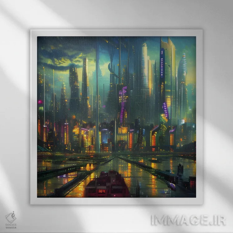 تابلو شهر تاریک سایبرپانک اثر آلساندرو دلا توره - نمای قابدار سفید