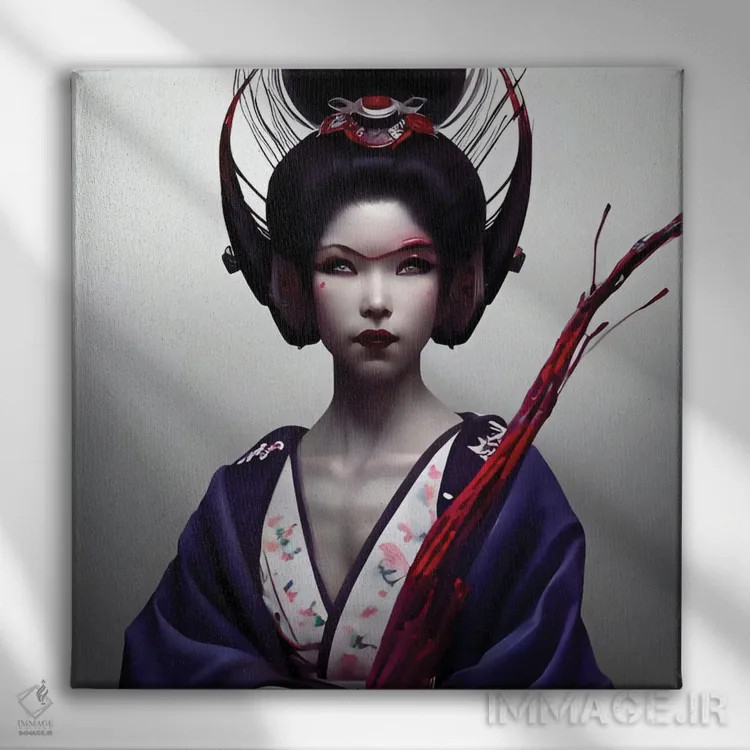 تابلو گیشا در سبک سایبرپانک اثر آلساندرو دلا توره - نمای روبهرو روی دیوار