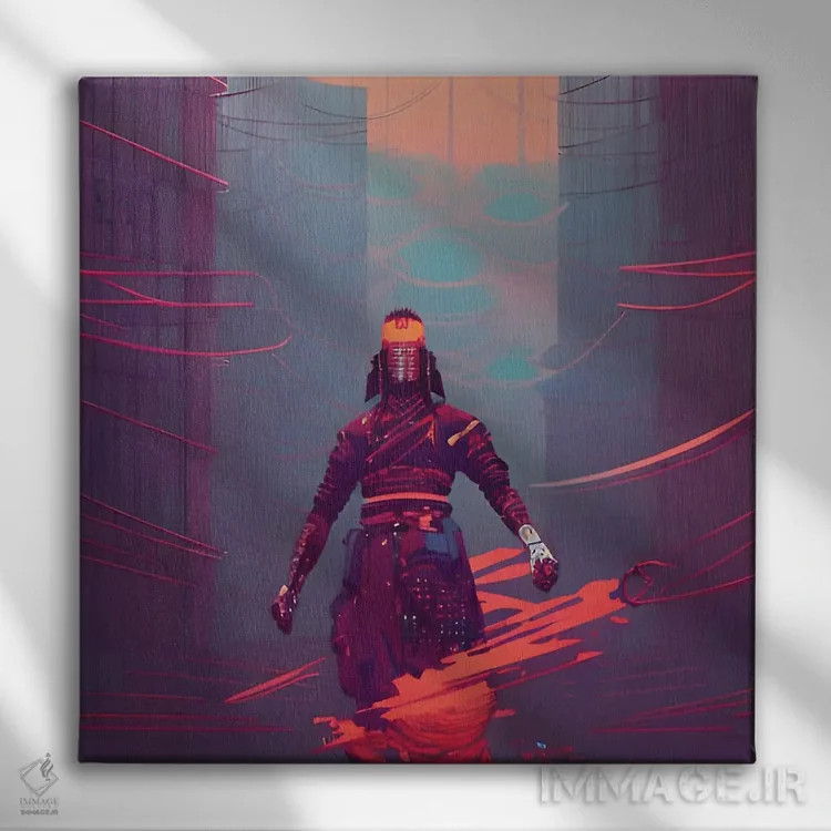 تابلو سامورایی سایبرپانک در منظرهٔ شهری اثر آلساندرو دلا توره - نمای روبهرو روی دیوار