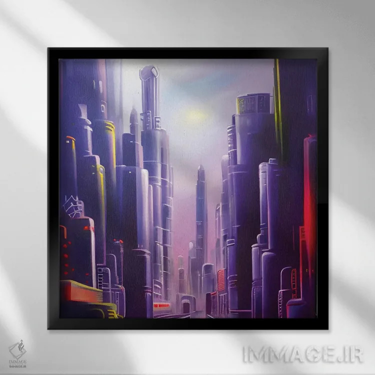 تابلو شهر آیندهنگر ارغوانی سایبرپانک اثر آلساندرو دلا توره - نمای قابدار مشکی