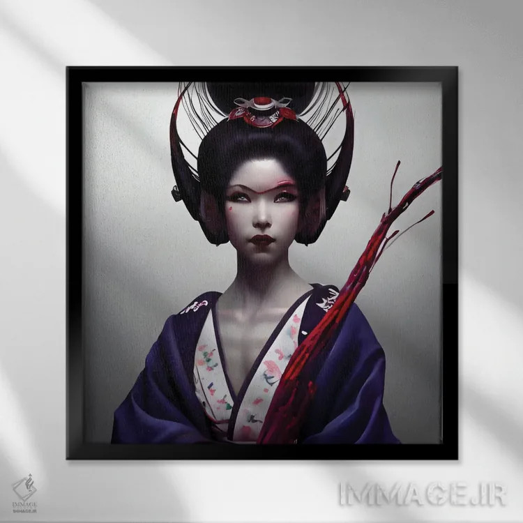تابلو گیشا در سبک سایبرپانک اثر آلساندرو دلا توره - نمای قابدار مشکی