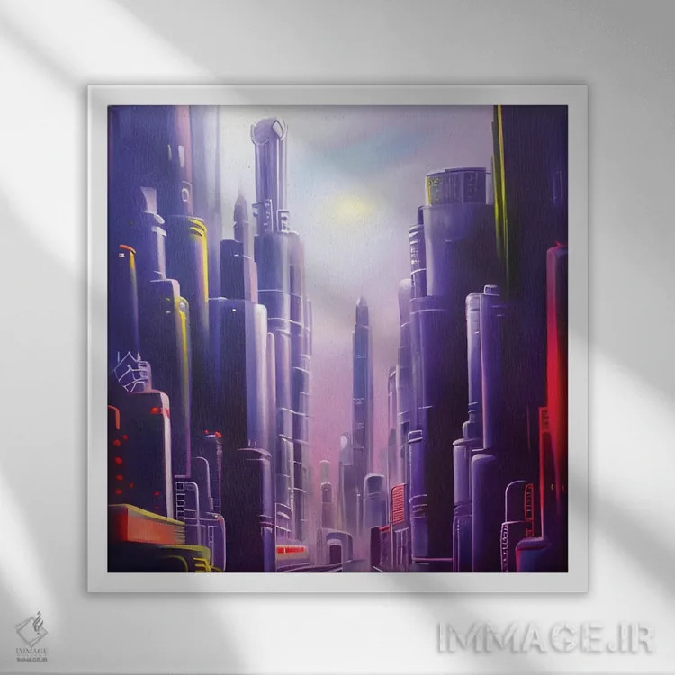 تابلو شهر آیندهنگر ارغوانی سایبرپانک اثر آلساندرو دلا توره - نمای قابدار سفید