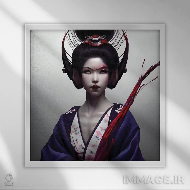 تابلو گیشا در سبک سایبرپانک اثر آلساندرو دلا توره - نمای قابدار سفید