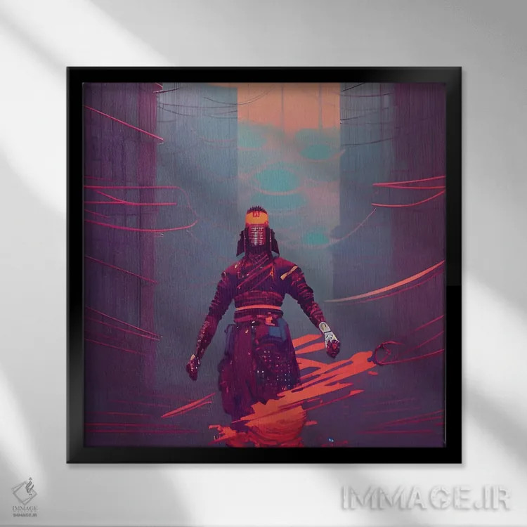 تابلو سامورایی سایبرپانک در منظرهٔ شهری اثر آلساندرو دلا توره - نمای قابدار مشکی