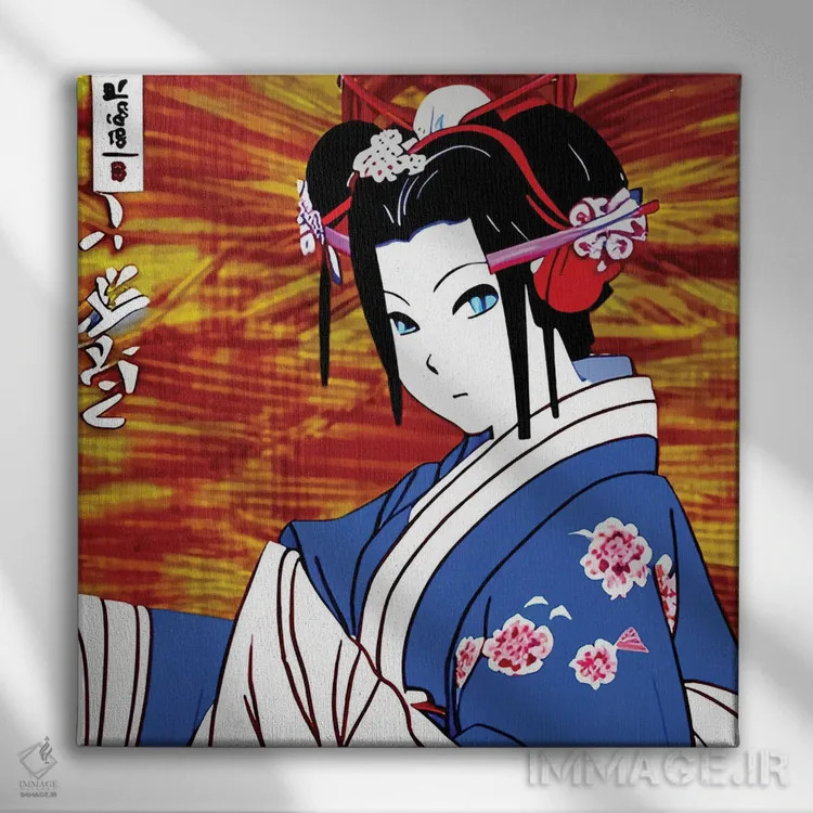 تابلو گیشا در انیمه روی زمینه آبی اثر آلساندرو دلا توره - نمای روبهرو روی دیوار