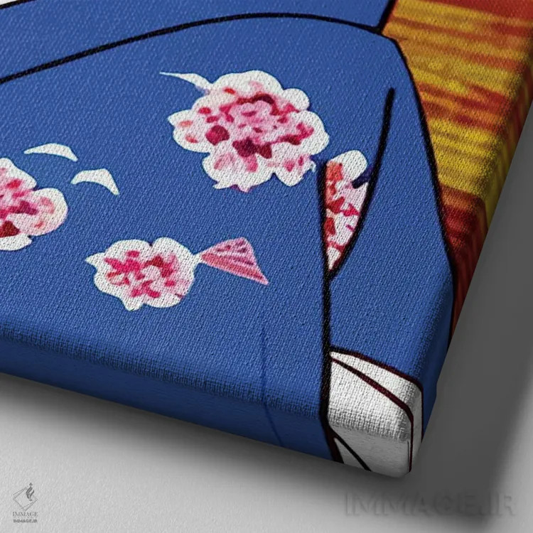 تابلو گیشا در انیمه روی زمینه آبی اثر آلساندرو دلا توره - نمای نزدیک بافت بوم