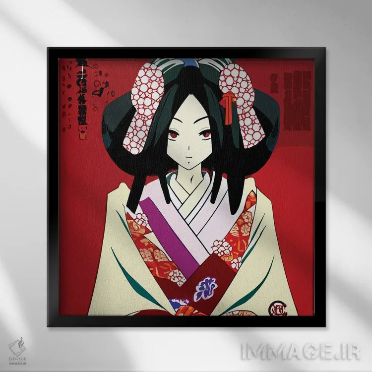 تابلو گیشا در انیمه با لباس سنتی اثر آلساندرو دلا توره - نمای قابدار مشکی