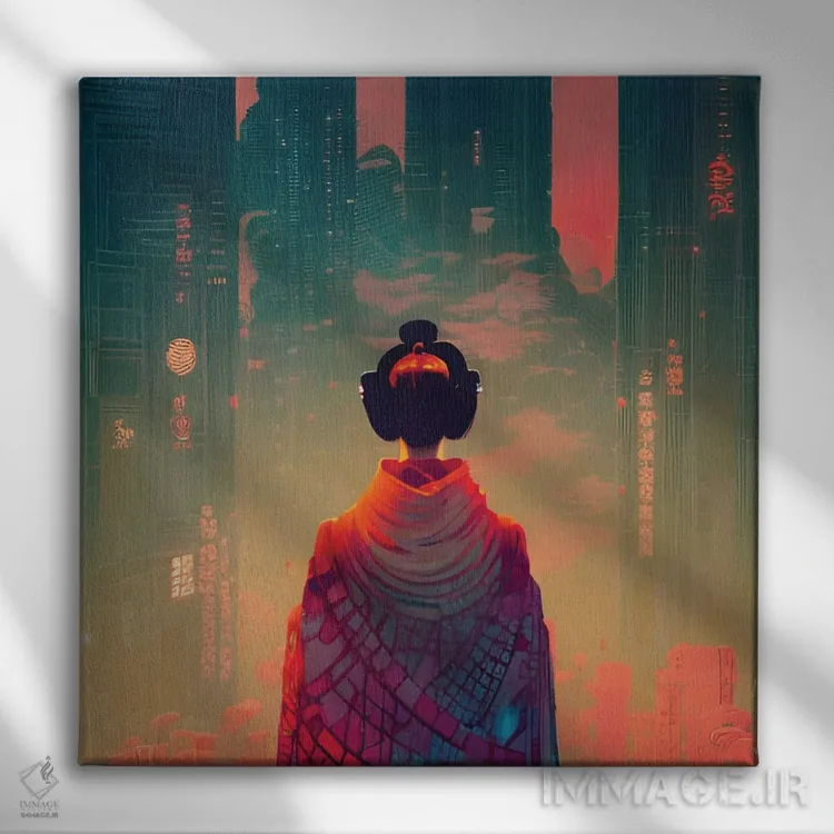 تابلو گیشا در شهر سایبرپانک ۲ اثر آلساندرو دلا توره - نمای روبهرو روی دیوار